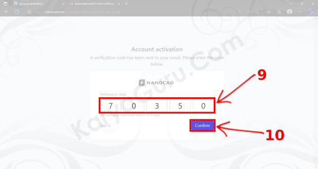 Konfirmasi Code Aktivasi account nanoCAD Free